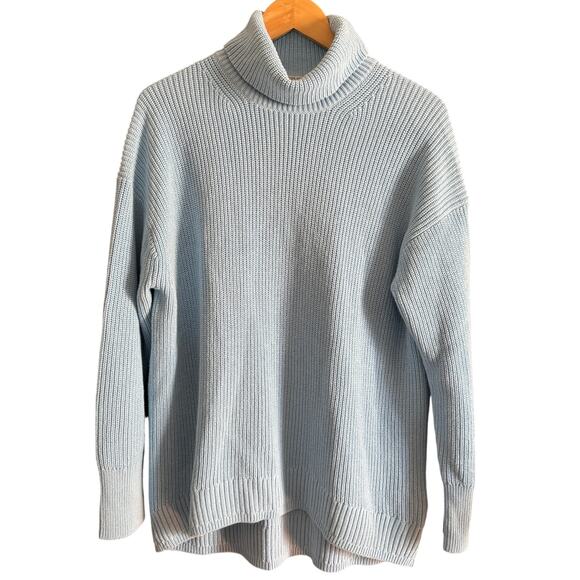J. Crew | Light Blue Cotton Cashmere Chunky Knit Relaxed Turtleneck | Medium - Picture 1 of 5